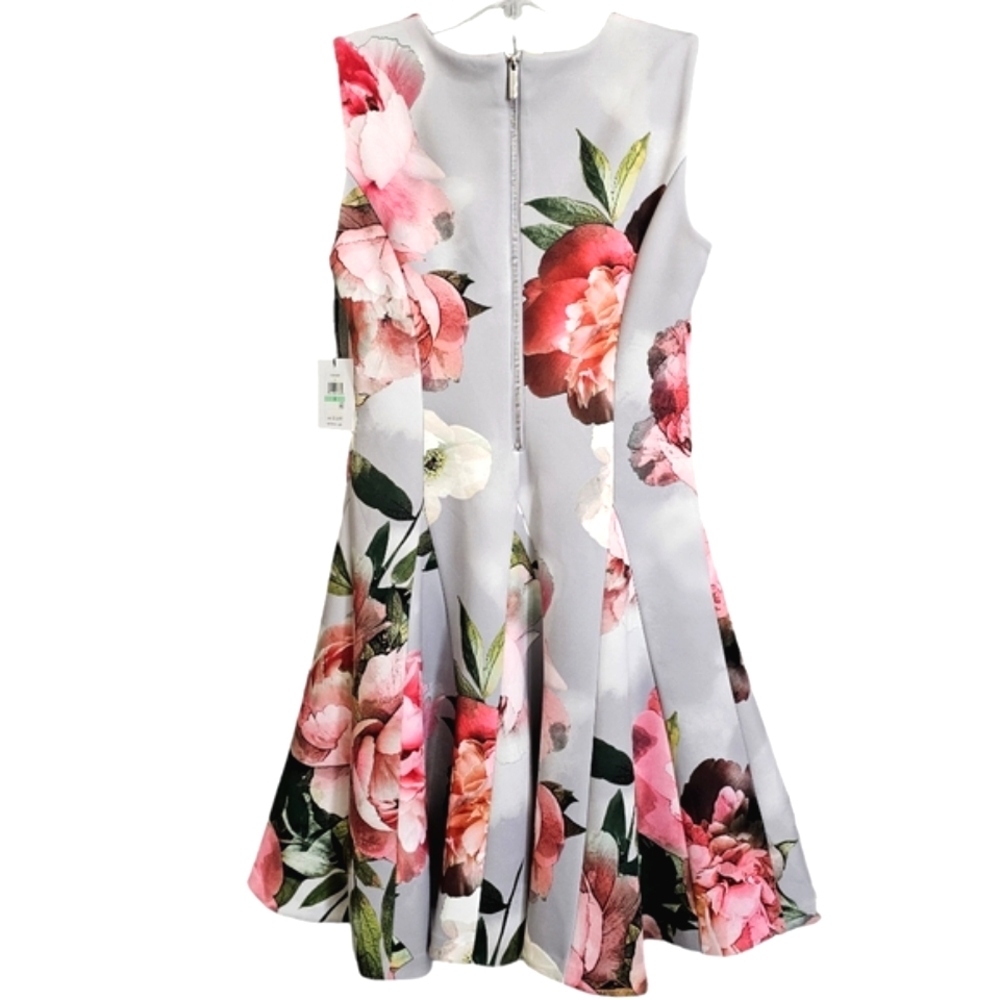 Nwt Calvin Klein Gray/Pink Abstract Floral Scuba  Sleeveless Fit& Flare Dress - Picture 4 of 17
